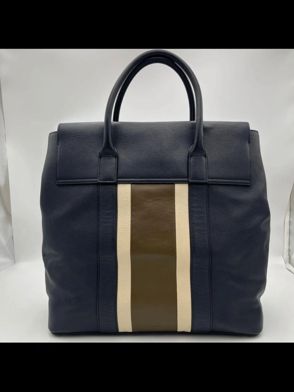 Mulberry Navy Leather Tote with Cream and Olive Center Stripe